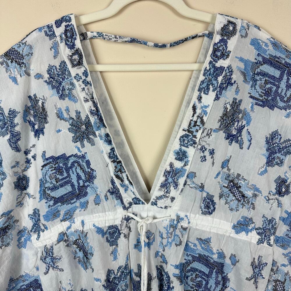 Maeve Anthropologie Blue Floral Kaftan Top One Size Boho Beach Cover Up Resort - Picture 2 of 10